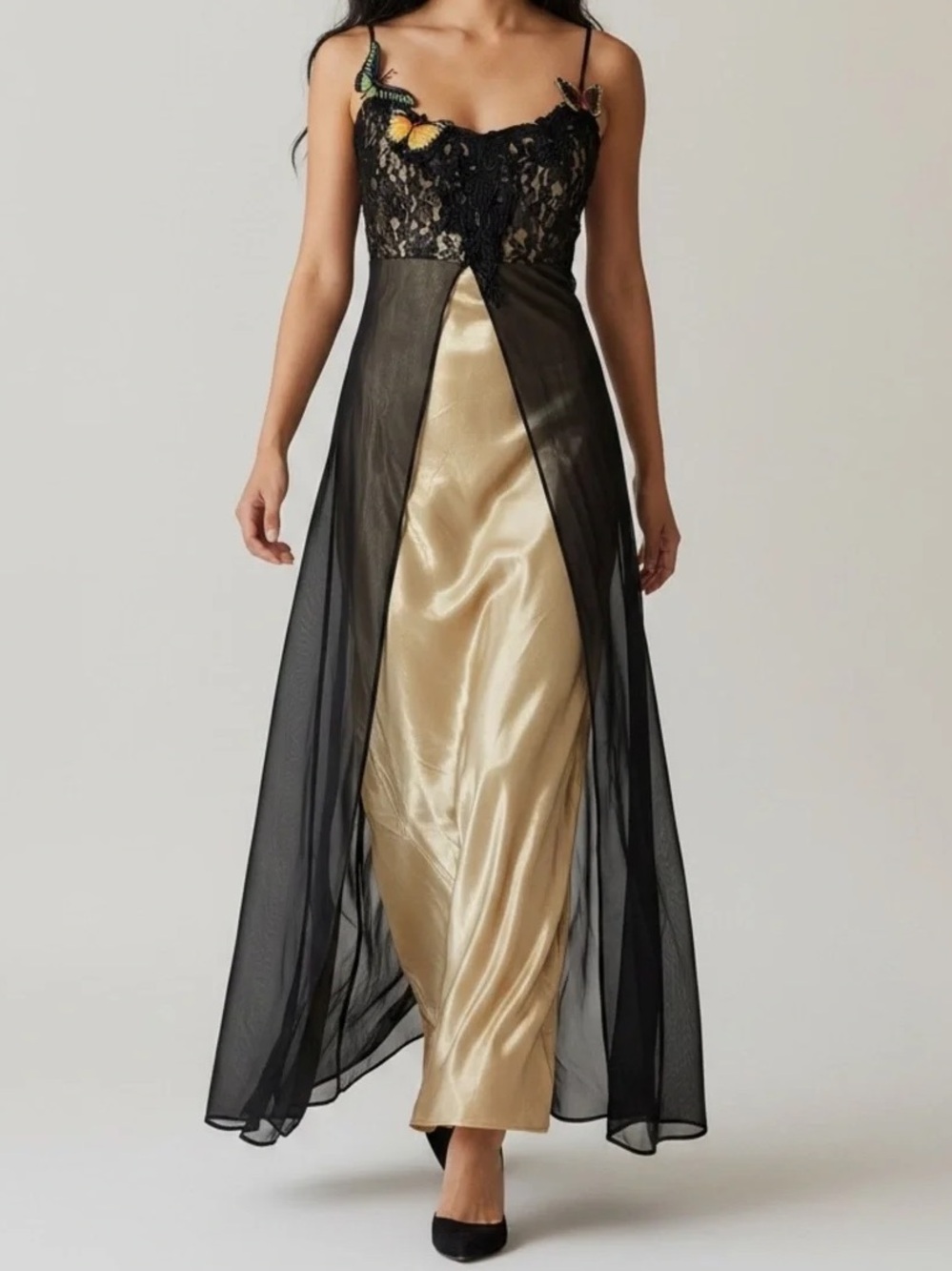 VTG 90s Y2K Formal Dress Gown Fairy Regency Empire Waist Black Gold Prom Sz 18